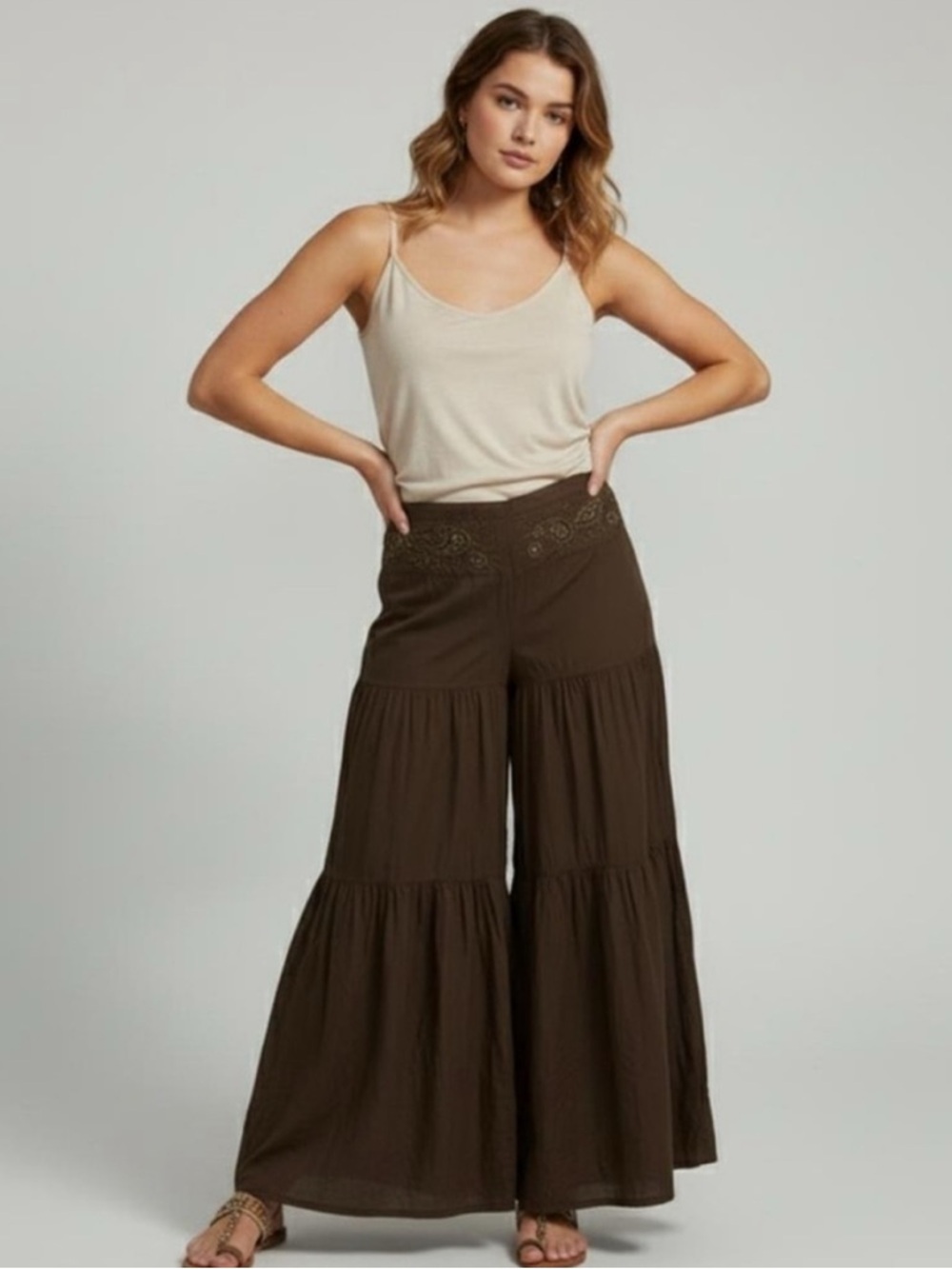 Bisou Bisou Y2K Ruffle Bohemian Wide Leg Bell Bottom Flare Pull On Pants Size 16